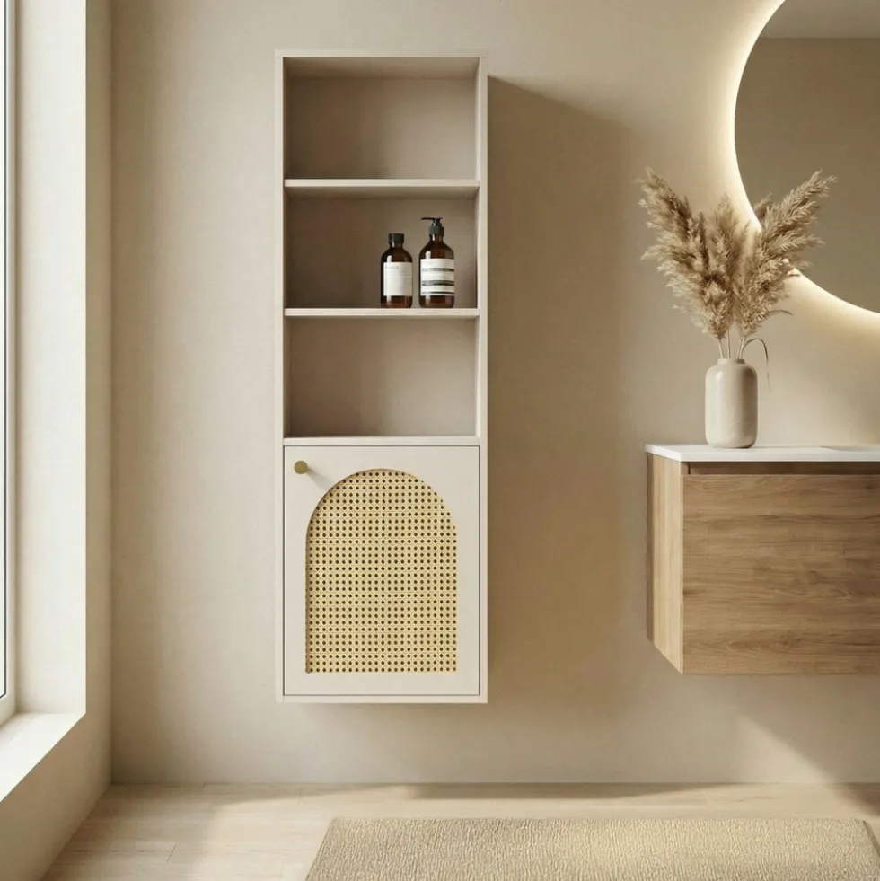 ALI Colonne de rangement suspendue en bois et cannage H135cm
