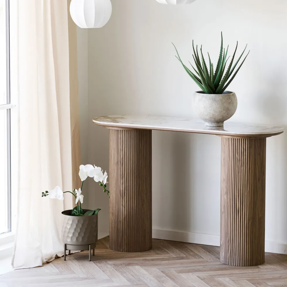 ATHENS Console aux bords arrondis effet marbre et bois L120cm