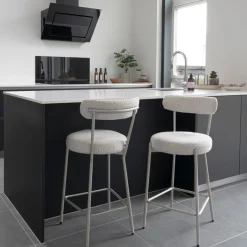 BADALONA Tabouret de bar en tissu bouclette pieds beiges H65cm