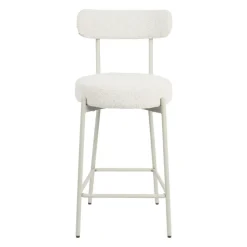 BADALONA Tabouret de bar en tissu bouclette pieds beiges H65cm