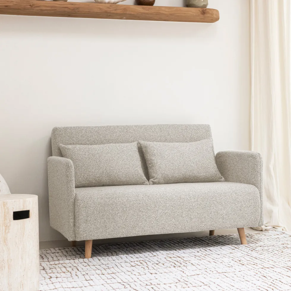 BELUSHI Canapé convertible 2 places en tissu bouclette pieds bois clair