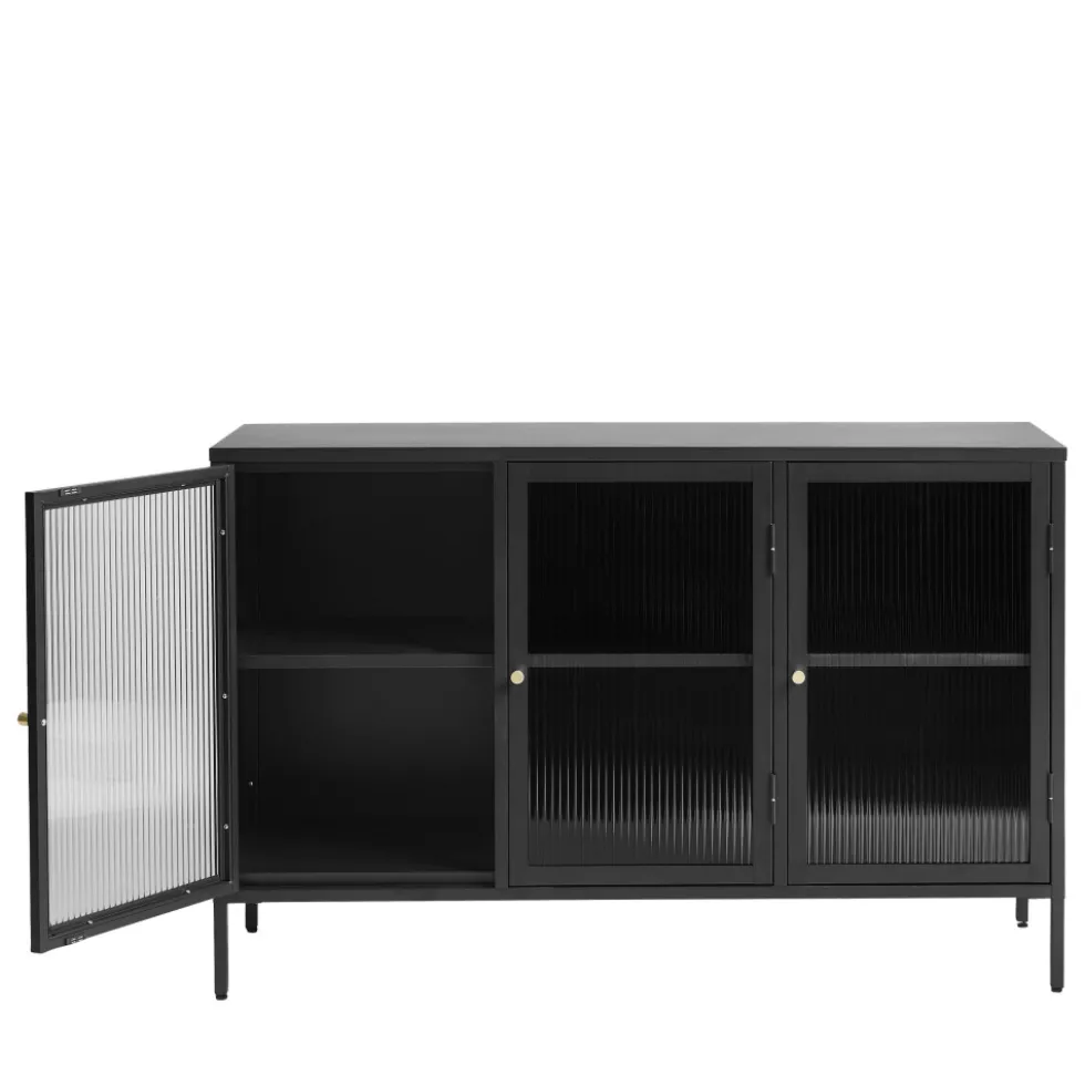BJORN Buffet 3 portes en verre strié et métal L132cm