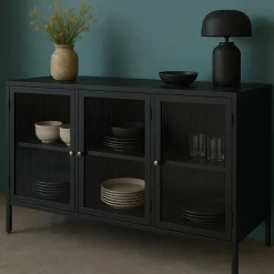 BJORN Buffet 3 portes en verre strié et métal L132cm