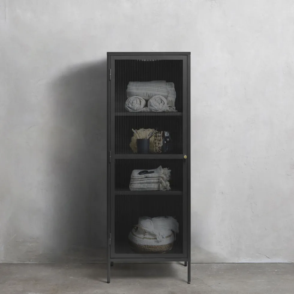 BJORN Colonne de rangement 1 porte en verre strié et métal H160cm