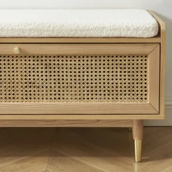 BOMBONG Banc d'entrée avec rangement chaussures en bois et cannage L100cm