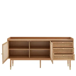 BOMBONG Buffet 2 portes 3 tiroirs en bois et cannage L180cm