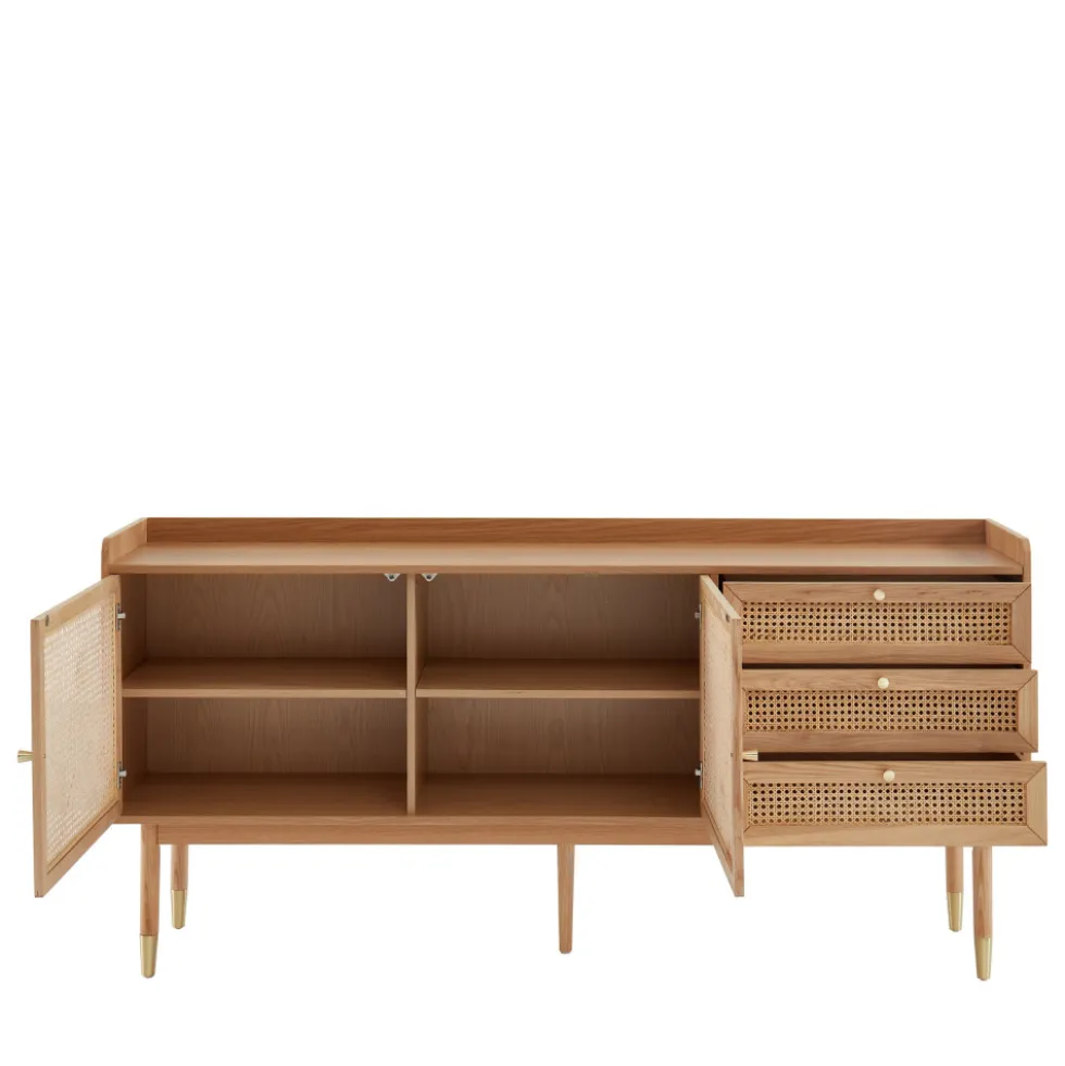 BOMBONG Buffet 2 portes 3 tiroirs en bois et cannage L180cm