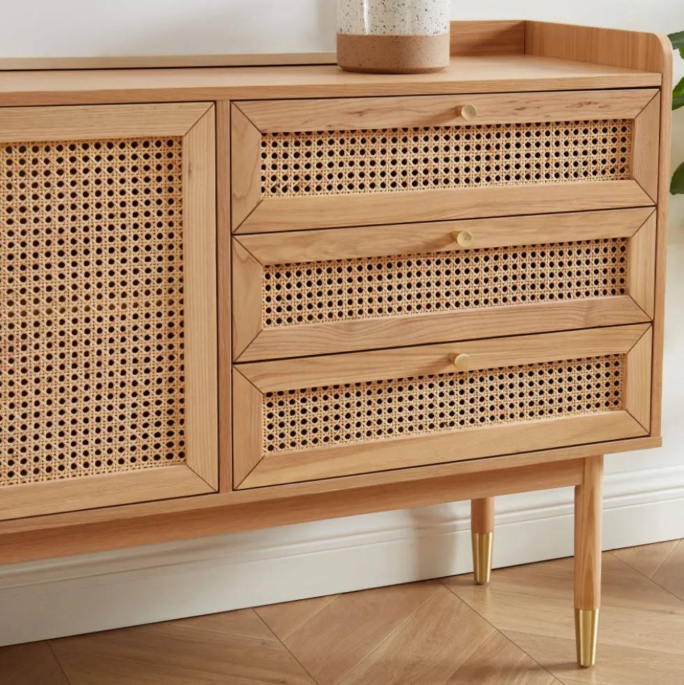 BOMBONG Buffet 2 portes 3 tiroirs en bois et cannage L180cm
