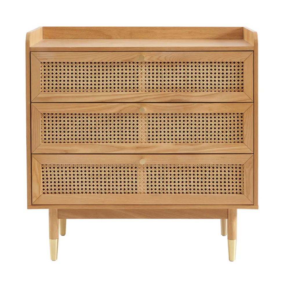 BOMBONG Commode 3 tiroirs en bois et cannage L85cm