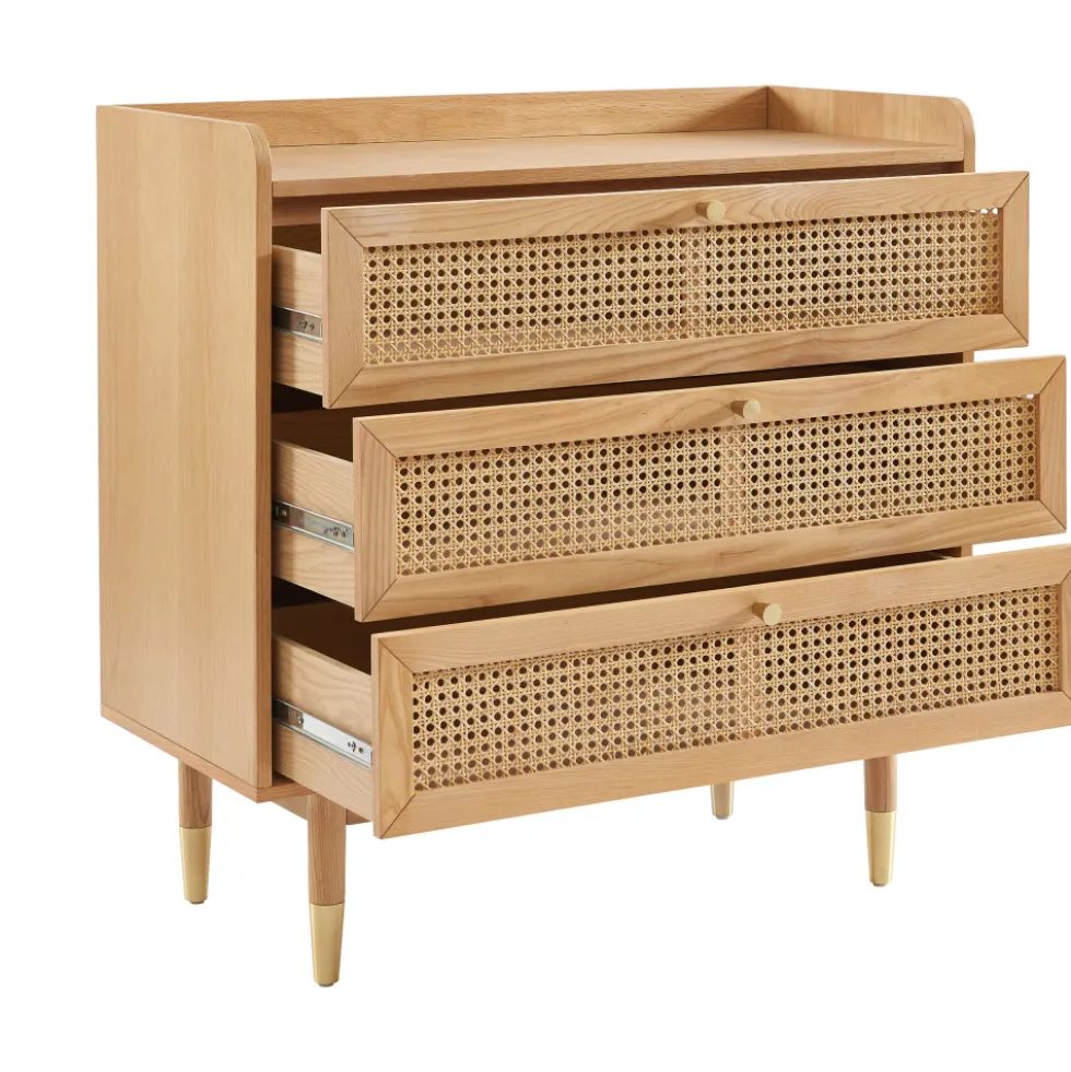 BOMBONG Commode 3 tiroirs en bois et cannage L85cm