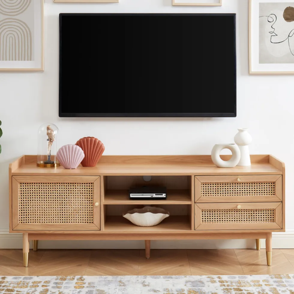 BOMBONG Meuble TV 1 porte 2 tiroirs en bois et cannage L160cm