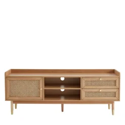 BOMBONG Meuble TV 1 porte 2 tiroirs en bois et cannage L160cm