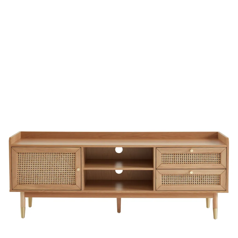 BOMBONG Meuble TV 1 porte 2 tiroirs en bois et cannage L160cm