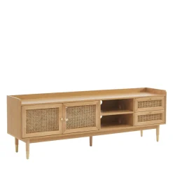 BOMBONG Meuble TV 2 portes 2 tiroirs en bois et cannage 180 cm