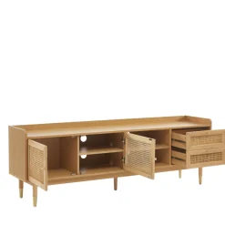 BOMBONG Meuble TV 2 portes 2 tiroirs en bois et cannage 180 cm