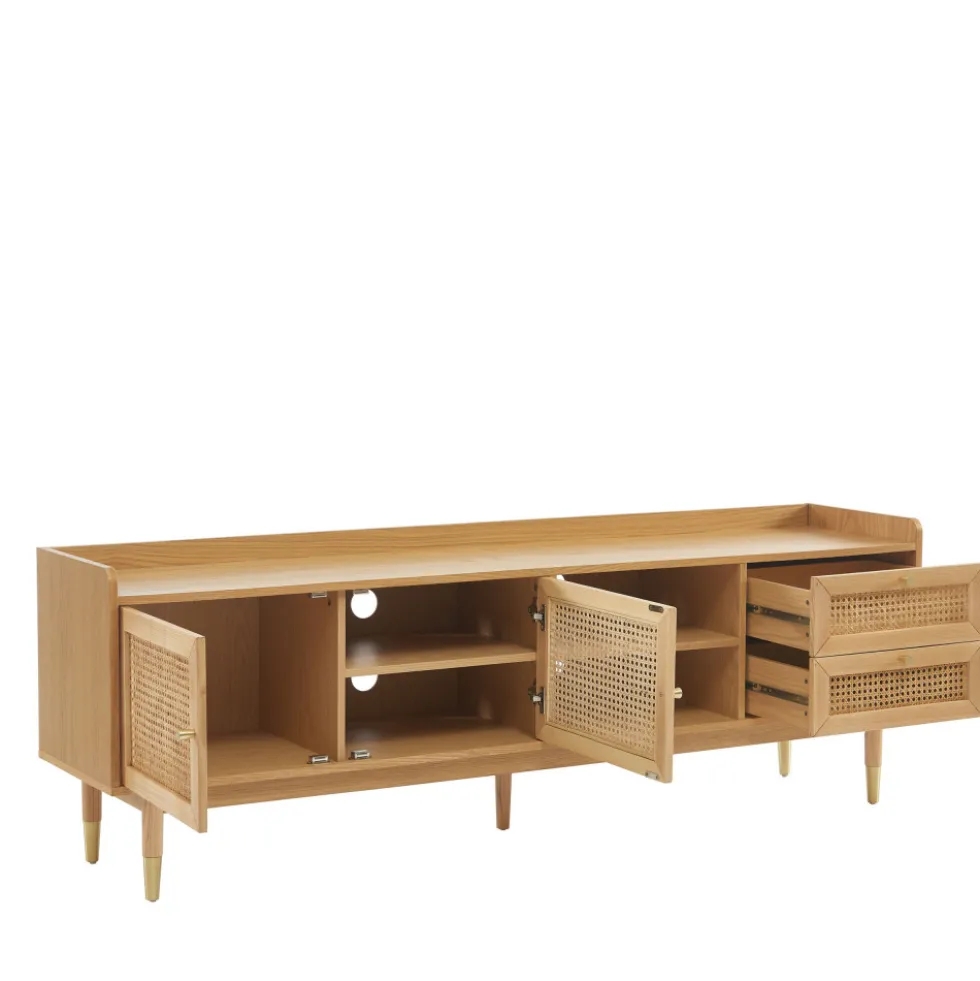 BOMBONG Meuble TV 2 portes 2 tiroirs en bois et cannage 180 cm