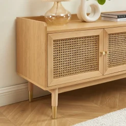 BOMBONG Meuble TV 2 portes 2 tiroirs en bois et cannage 180 cm