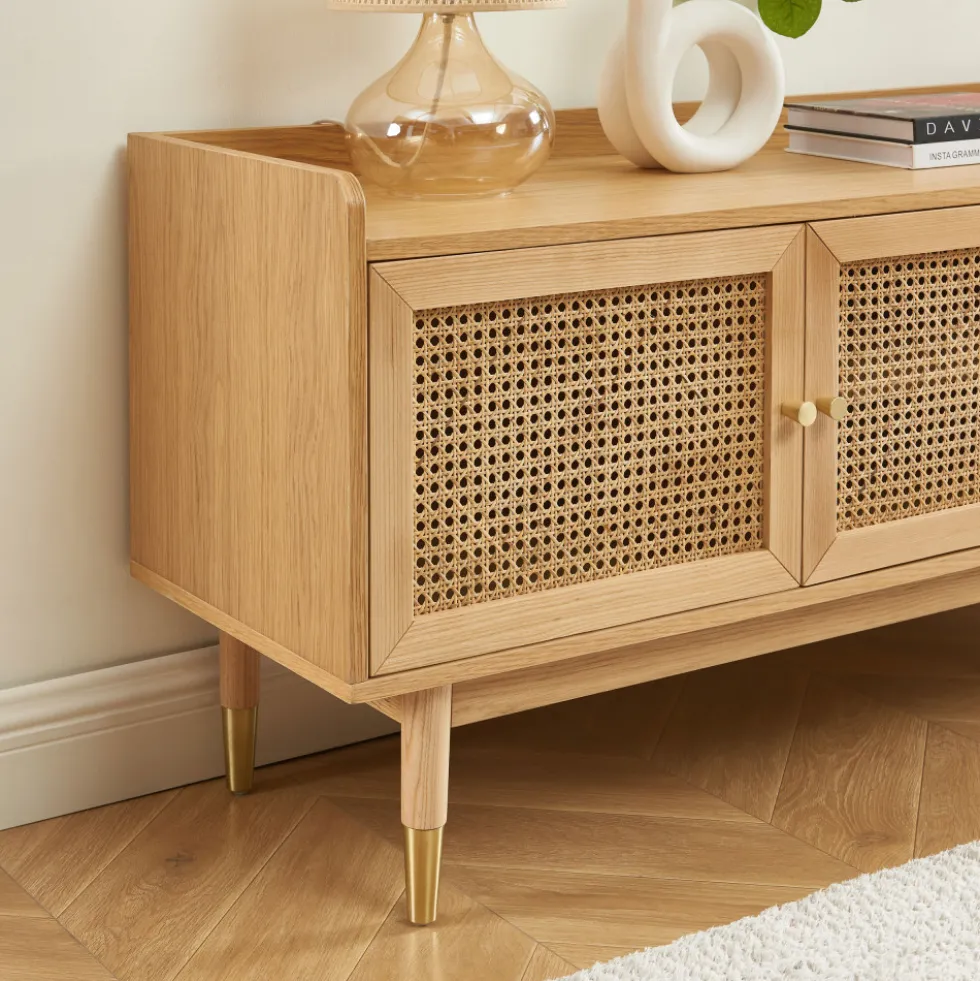 BOMBONG Meuble TV 2 portes 2 tiroirs en bois et cannage 180 cm