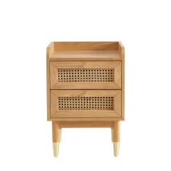 BOMBONG Table de chevet 2 tiroirs en bois et cannage