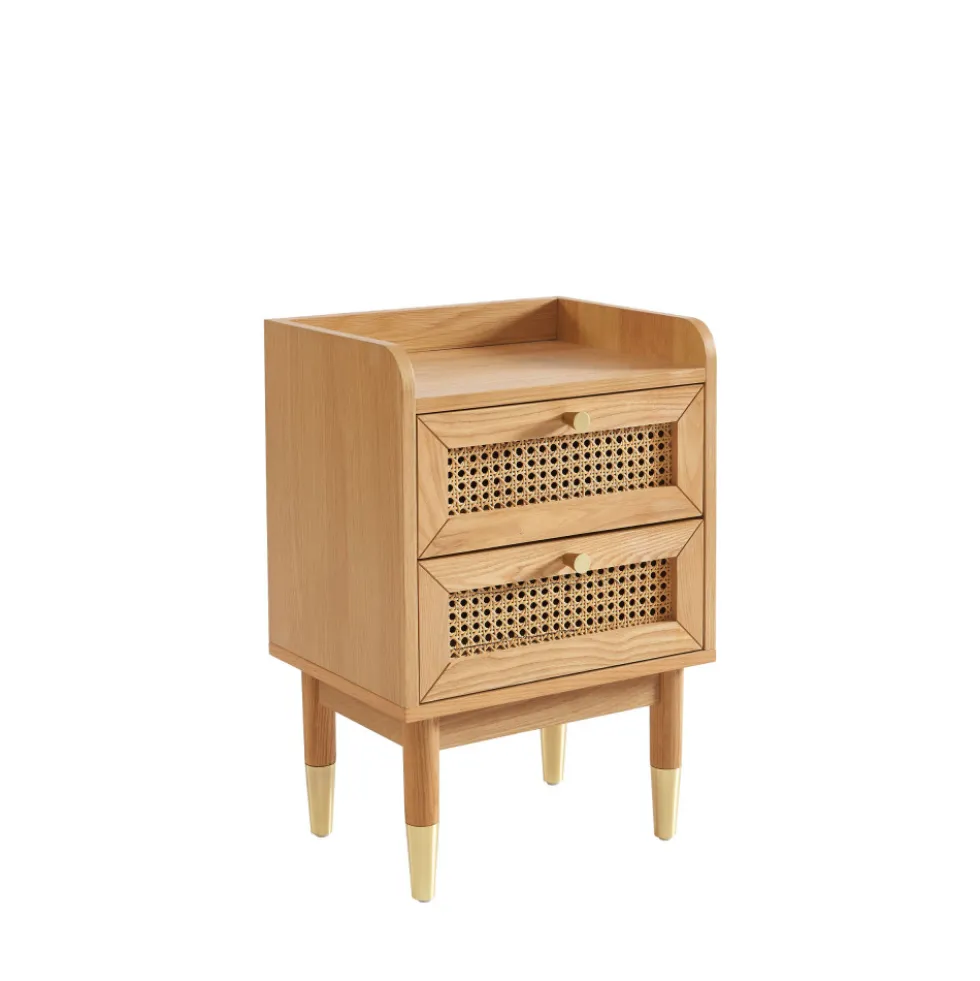 BOMBONG Table de chevet 2 tiroirs en bois et cannage