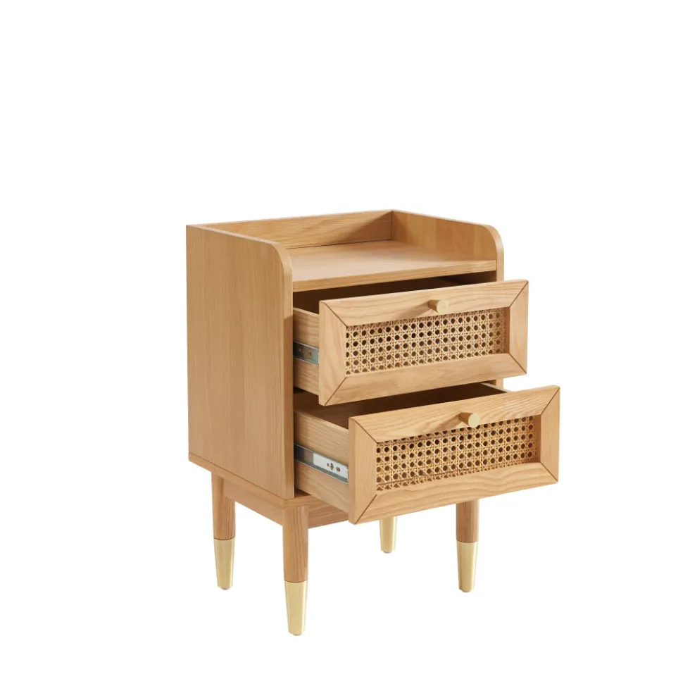 BOMBONG Table de chevet 2 tiroirs en bois et cannage
