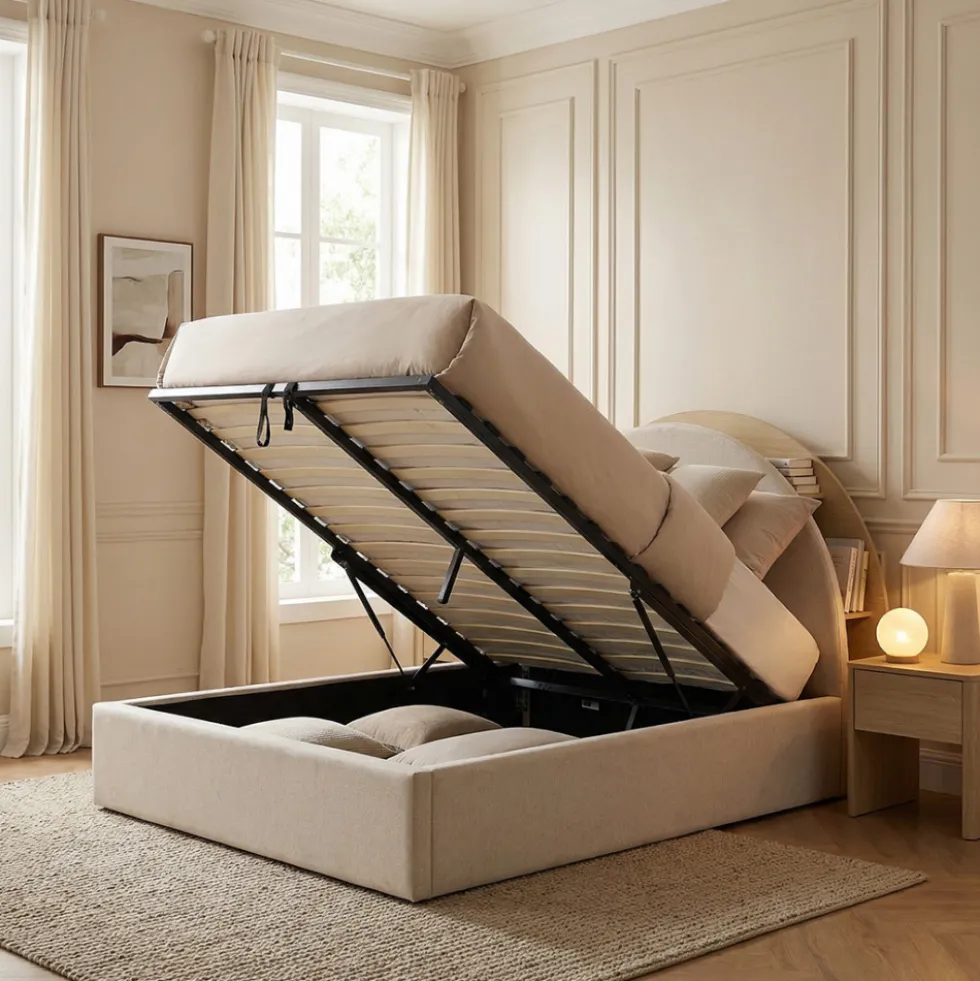 BRIE Lit coffre en tissu avec rangements intégrés 160x200cm