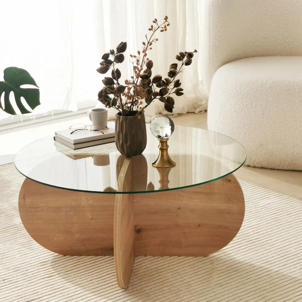 BULLY Table basse ronde en verre trempé et bois ø75cm