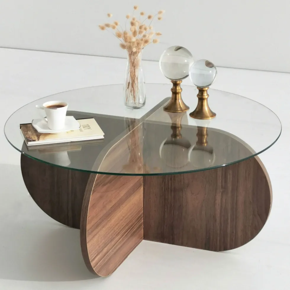 BULLY Table basse ronde en verre trempé et bois ø75cm