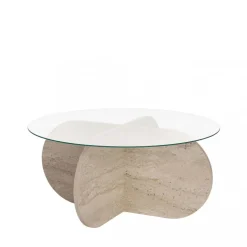 BULLY Table basse ronde en verre trempé et effet travertin ø75cm