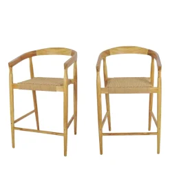 BURI Lot de 2 fauteuils de bar en teck et corde tressé H65cm
