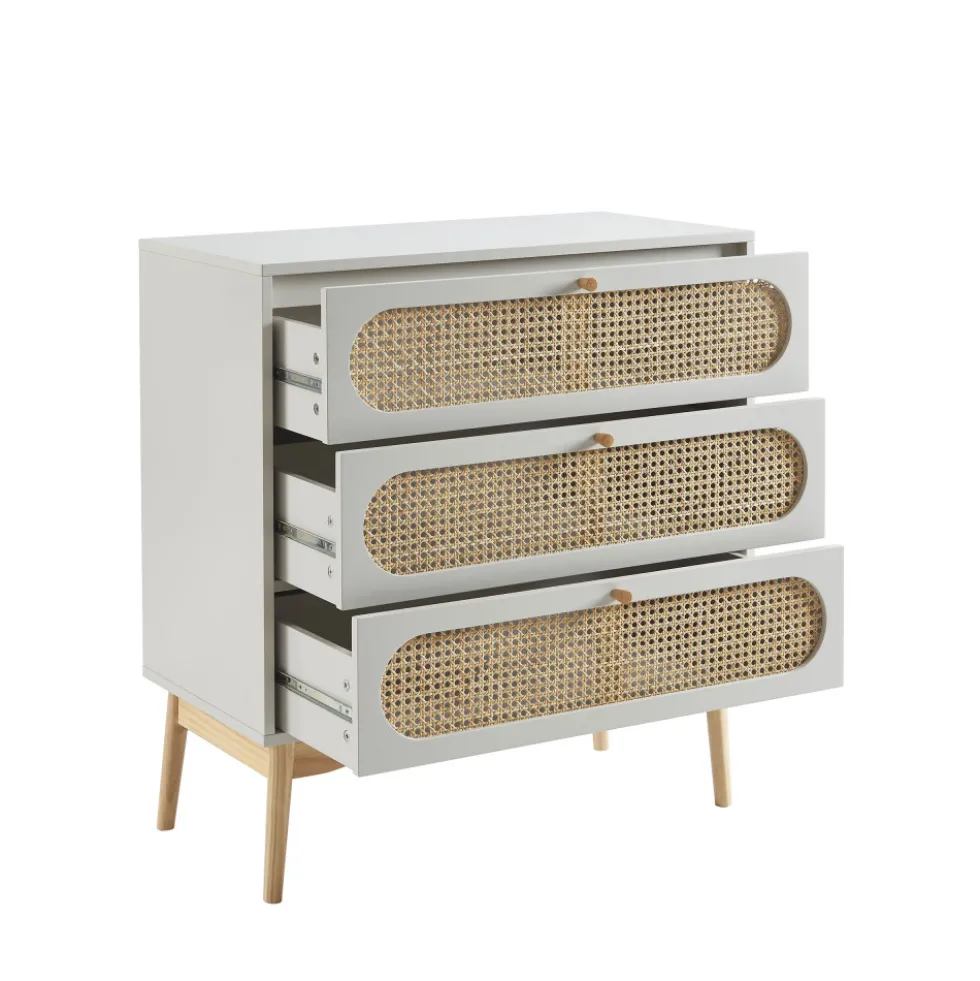 CANNO Commode 3 tiroirs en bois et cannage L80cm