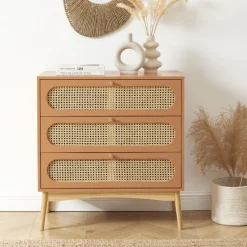 CANNO Commode 3 tiroirs en bois et cannage L80cm