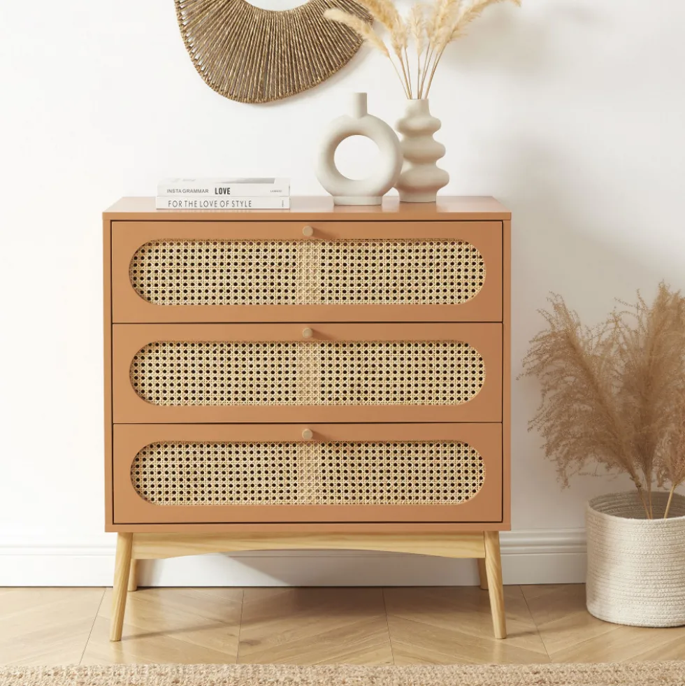CANNO Commode 3 tiroirs en bois et cannage L80cm