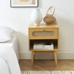CANNO Table de chevet enfant 1 tiroir en bois et cannage
