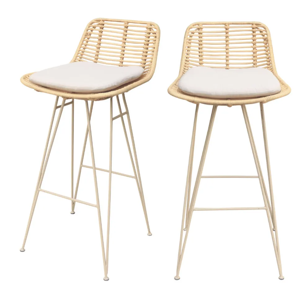 CAPURGANA Lot de 2 chaises de bar design en rotin pieds beige H67cm