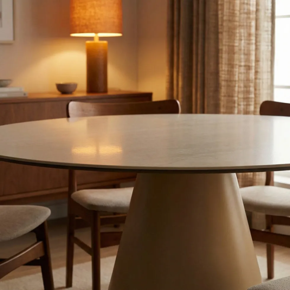 CHIBA Table à manger 4 personnes ronde effet travertin