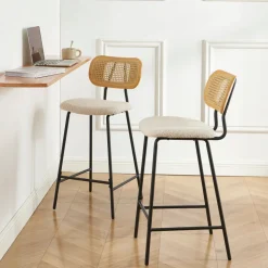 EMA Lot de 2 tabourets de bar en tissu bouclette et métal H66,5cm