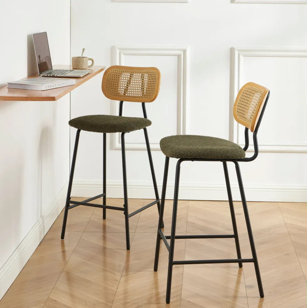 EMA Lot de 2 tabourets de bar en tissu bouclette et métal H66,5cm