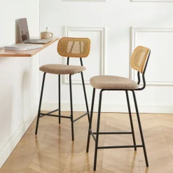 EMA Lot de 2 tabourets de bar en tissu bouclette et métal H66,5cm