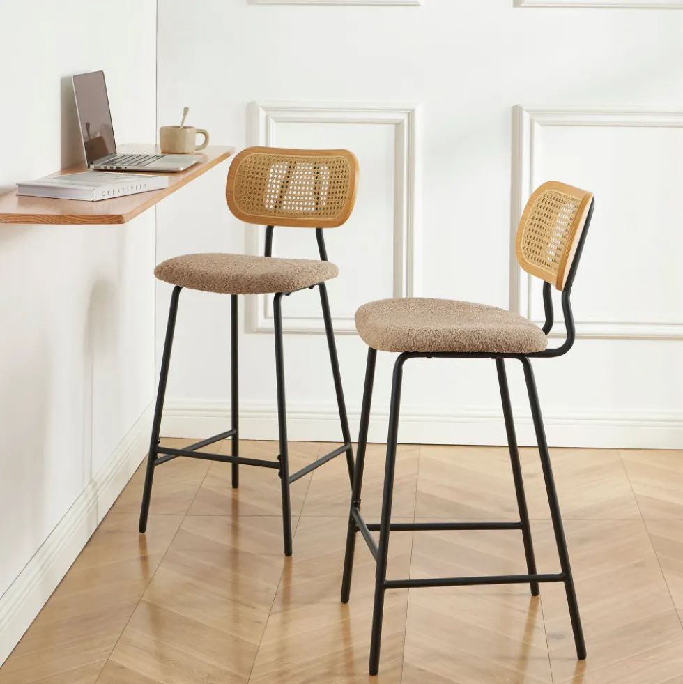 EMA Lot de 2 tabourets de bar en tissu bouclette et métal H66,5cm