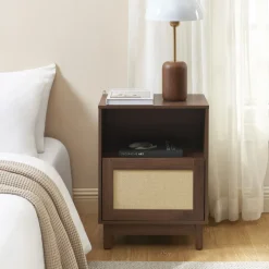 ESTELA Table de chevet 1 porte en bois et cannage