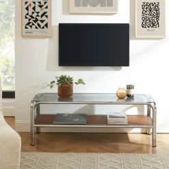 GLISS Meuble TV en verre pieds chrome L120cm