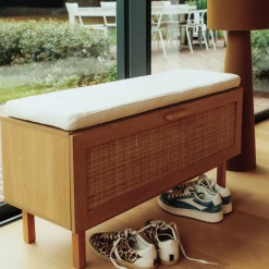 JUNE Banc d'entrée avec rangement chaussures en bois et cannage L100cm