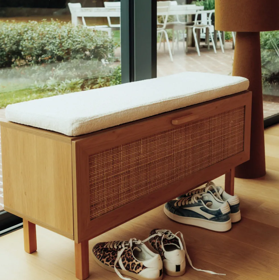 JUNE Banc d'entrée avec rangement chaussures en bois et cannage L100cm