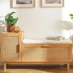 JUNE Banc d'entrée avec rangement à chaussures en bois et cannage L120cm