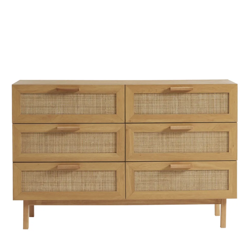 JUNE Commode 6 tiroirs en bois et cannage L130cm
