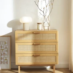 JUNE Commode 3 tiroirs en bois et cannage L85cm