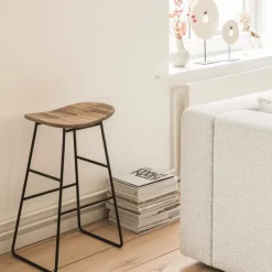 KABAYAN Tabouret de bar en teck recyclé et métal H65cm