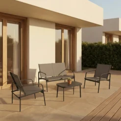 KALLIA Salon de jardin 4 personnes en acier traité et textilène