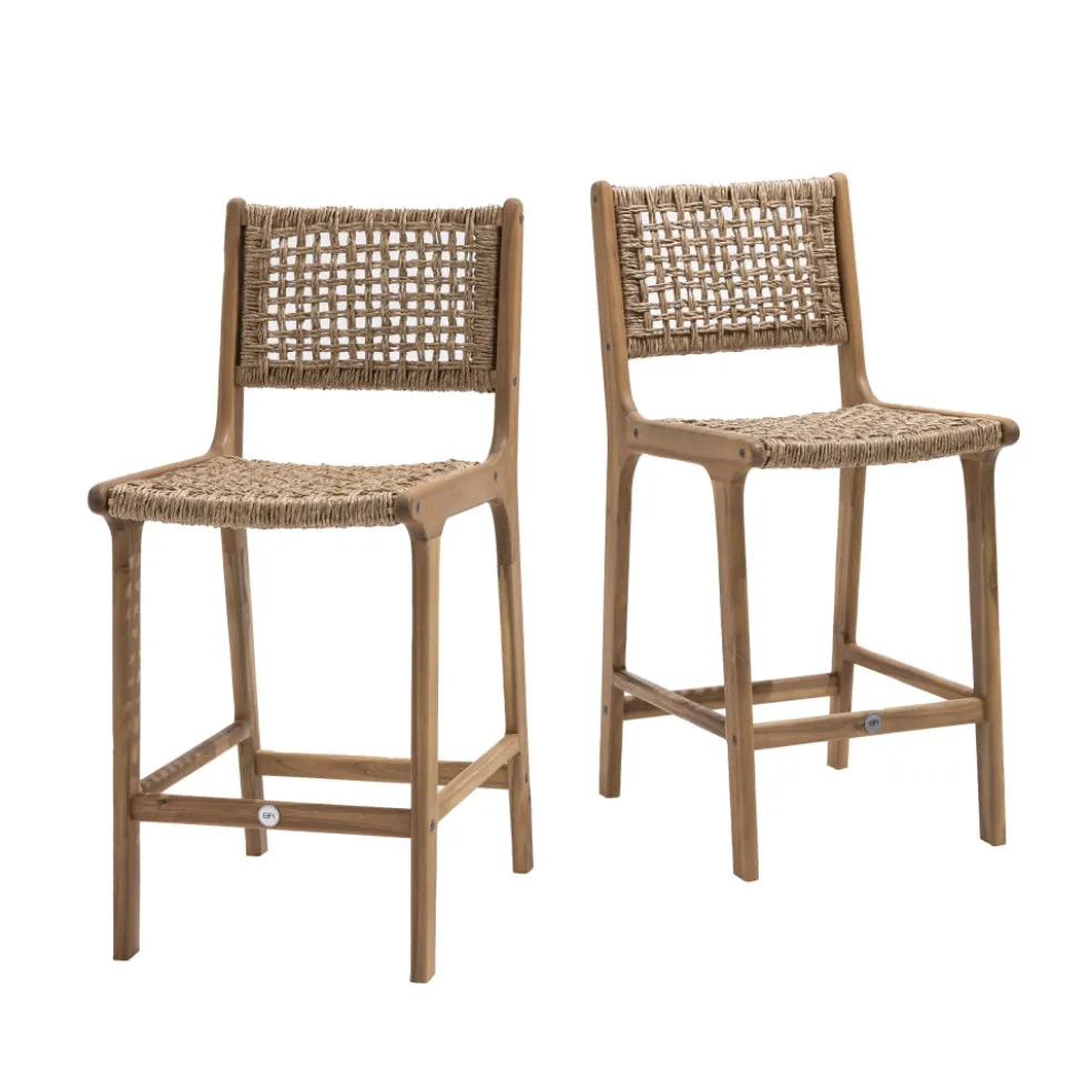 LEXIA Lot de 2 tabourets de bar intérieur/extérieur en bois d'acacia et résine tressée H66cm